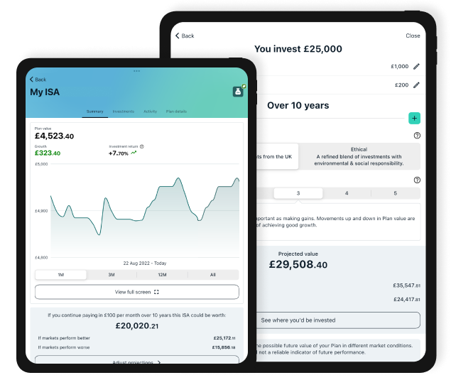 Wealthify app on iPad showing healthy ISA plan performance and projection over time.