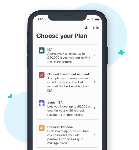 Wealthify app showing screen to choose a plan, including ISA, General Investment Account, Junior ISA and Personal Pension. Information provided does not show actual performance and is not intended to show potential investment growth.