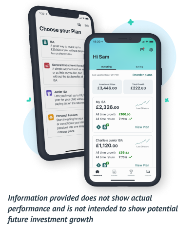 Wealthify performance and investments dashboards on iPhone, showing a plan with healthy performance and stocks categorised by stock type and region. Information provided does not show actual performance and is not intended to show potential investment growth.