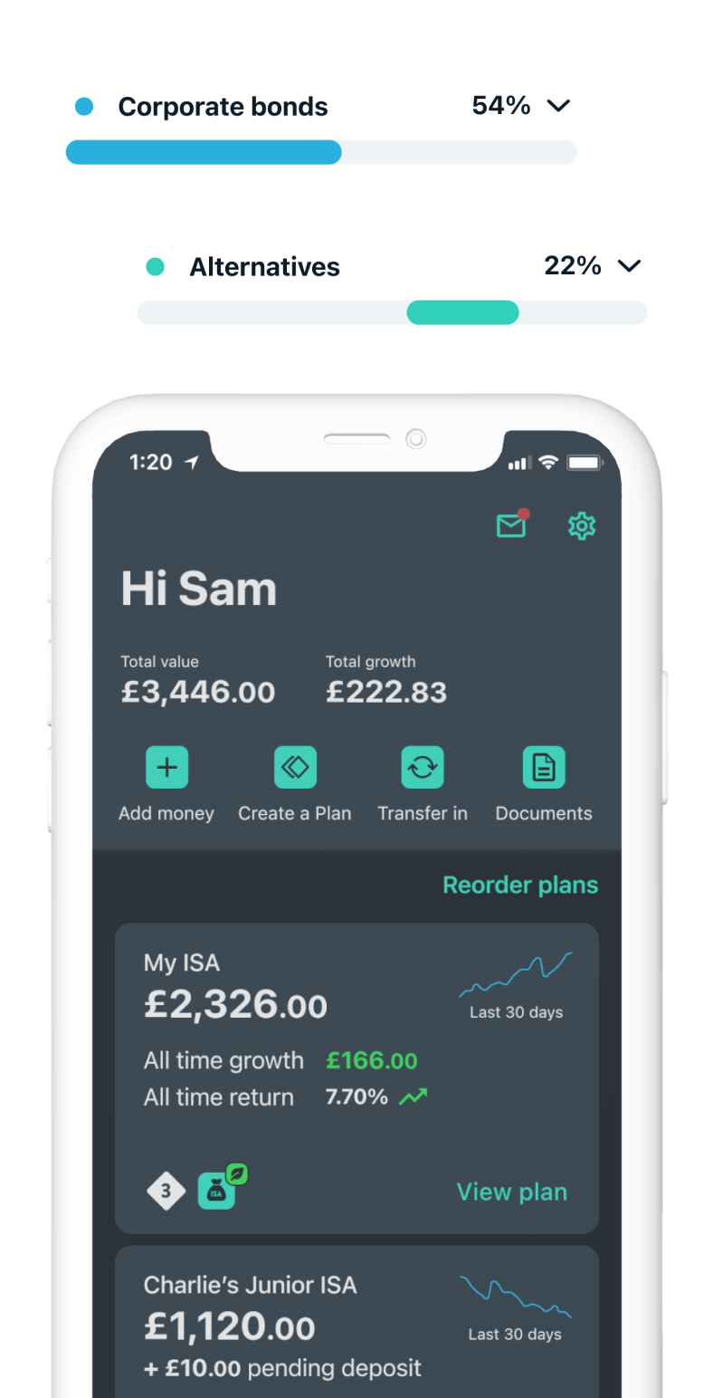 Wealthify plans on dashboard showing investments separated by type. Information provided does not show actual performance and is not intended to show potential investment growth.