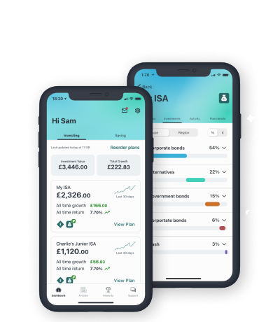 Wealthify performance and investments dashboards on iPhone, showing a plan with healthy performance and stocks categorised by stock type and region. Information provided does not show actual performance and is not intended to show potential investment growth.